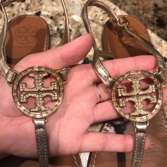 Tory Burch Gold strapped rhinestone sandal. - Picture 3 of 6